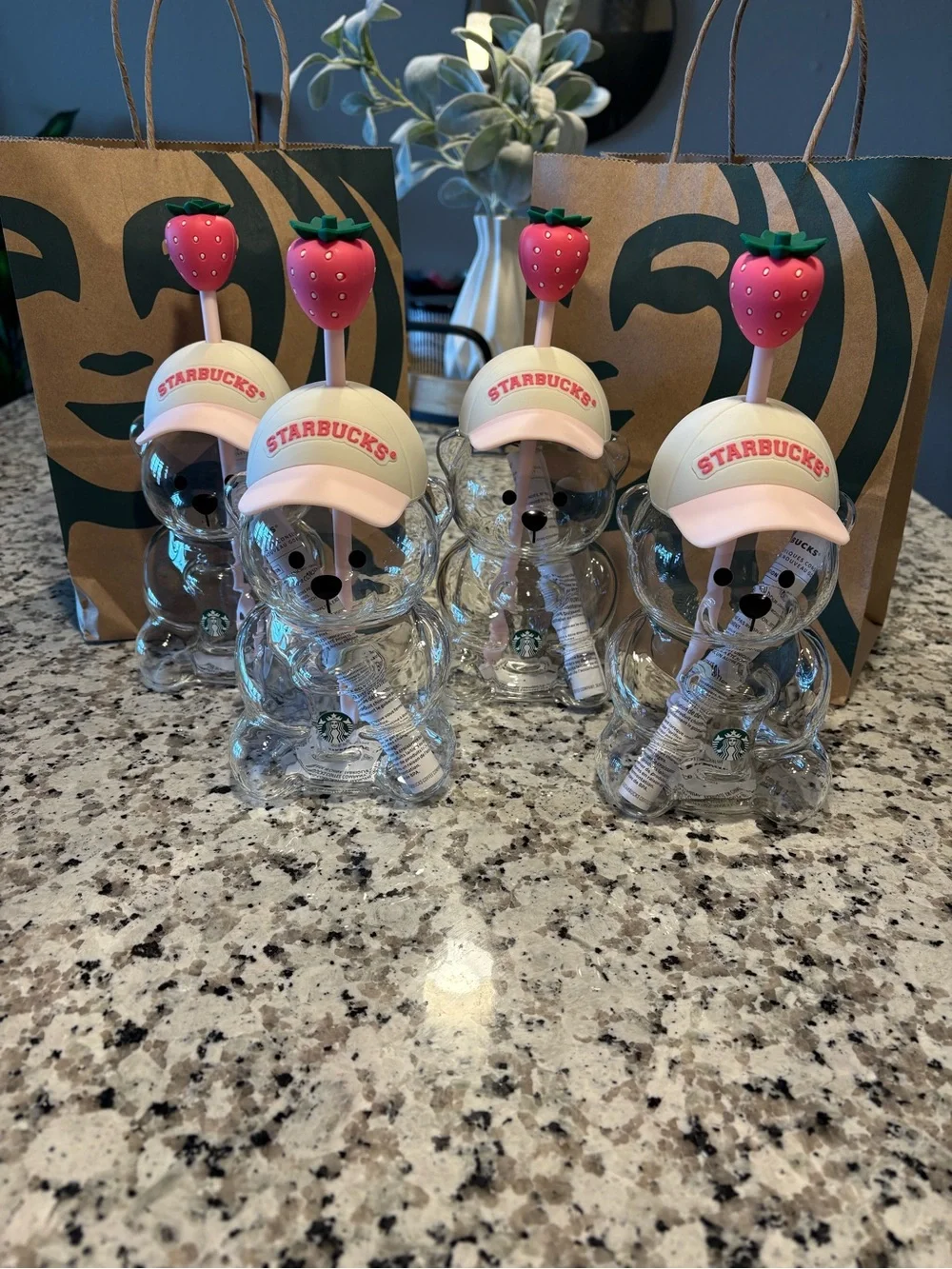 Starbucks Clear Bear Bottle with Pink Cap and Strawberry Straw Set